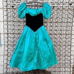Vintage 80s 90s Roberta teal sateen black velvet v waist prom dress NWT